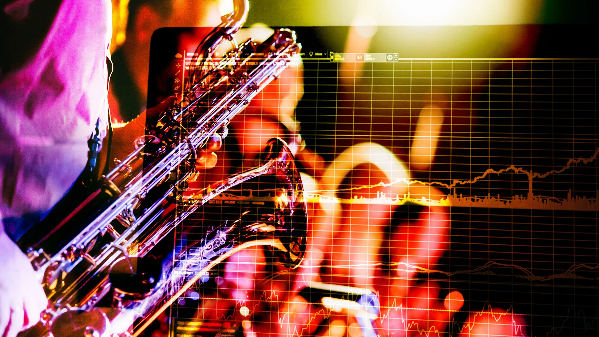 picture of person playing a saxaphone with an overlay of a graph 