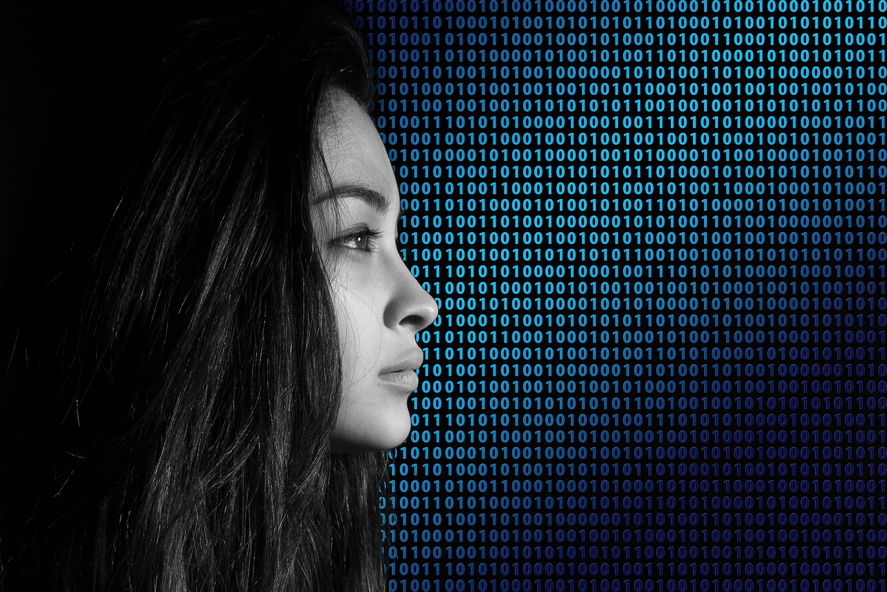 woman with background image of binary code
